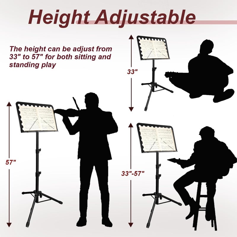 HOLANHING 57IN Sheet Music Stand, Tall Music Stand for Sheet Music High Stability, Adjustable Portable Music Sheet Stand with Carrying Bag for Guitar, Violin, Ukulele (33-57IN-A) - Image 2